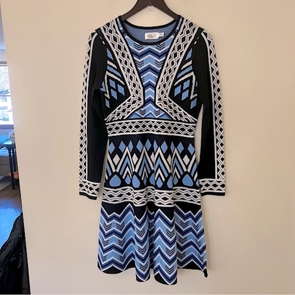 Eliza J Women’s Long Sleeve Geometric Fit and Flare Midi Sweater Dress Medium - Picture 4 of 13